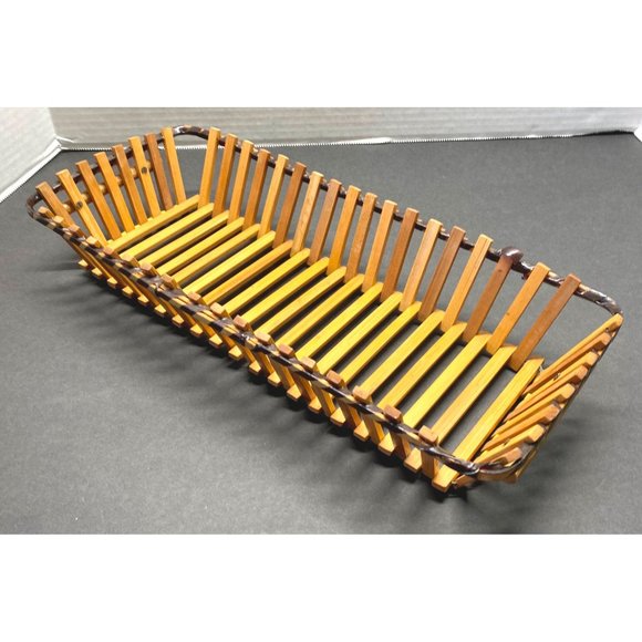 Vintage Wood Slat Bread Basket Rectangular Fruit Tray Fruit Storage 14 Inch - Picture 11 of 11